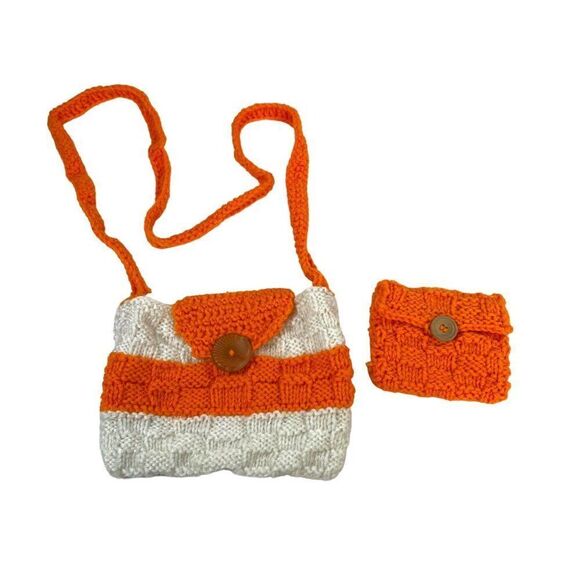 Handmade Crochet Orange & White Knit Shoulder Bag Matching Set w Coin Purse Boho - Picture 1 of 11